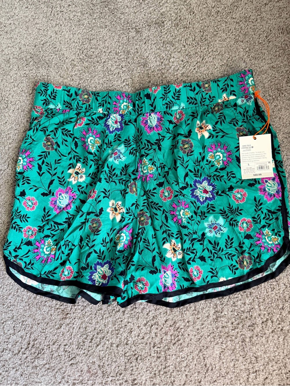 Knox Rose Green Floral Colorful Rayon Shorts Pockets Elastic Waist Size L - NWT